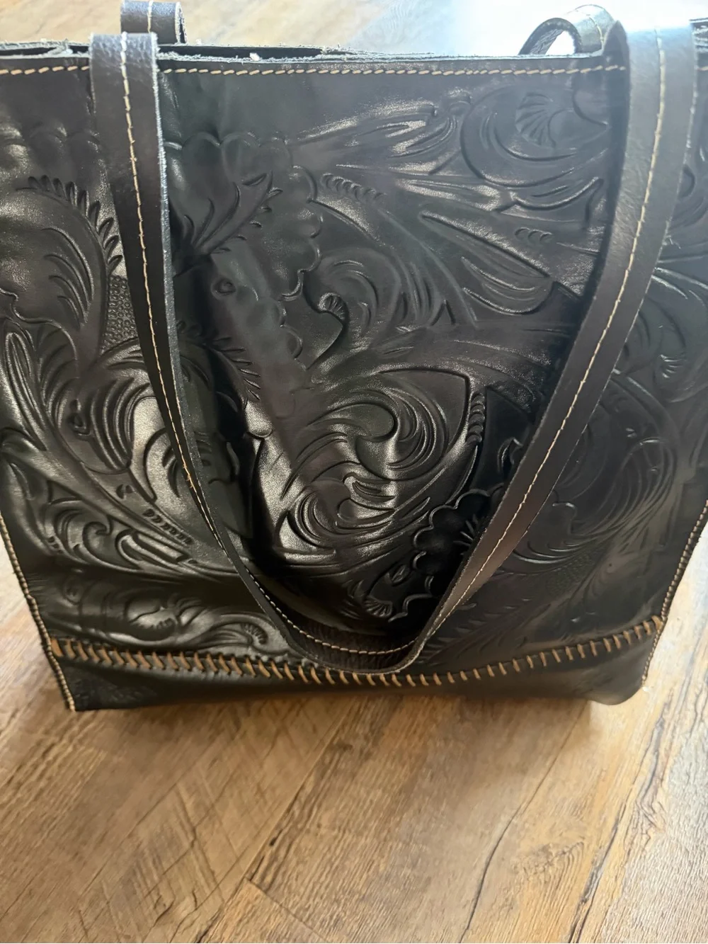Patricia Nash Black Tooled Leather Floral Tote with Contrast Whipstitch